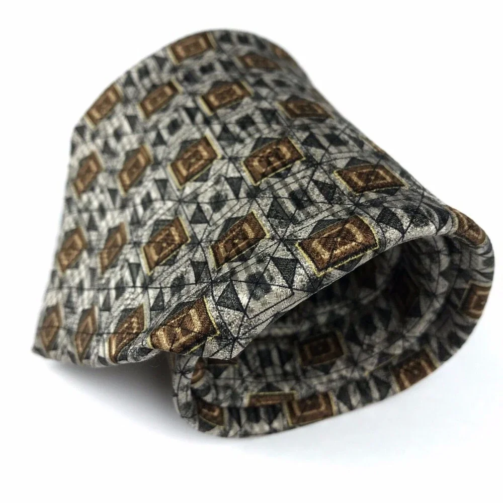 Robert Talbott Studio Men's Silk Hand-sewn Geometric Necktie Gray Tan Tie 57